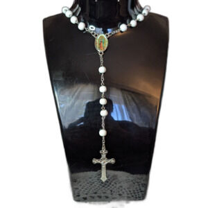 Our Lady of Guadalupe White Beaded Rosary Crucifix Necklace